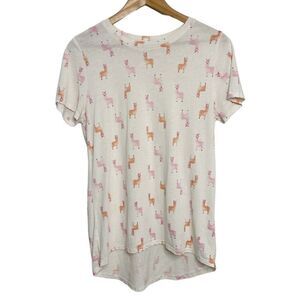 Llama High Low Short Sleeve Casual Shirt White and Pink Size Small